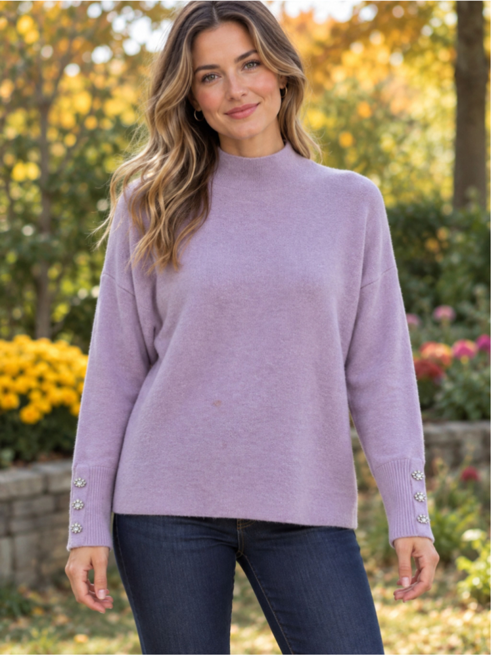 Women's Tahari Mock Neck Sweater Size L Purple Embellished Cuffs